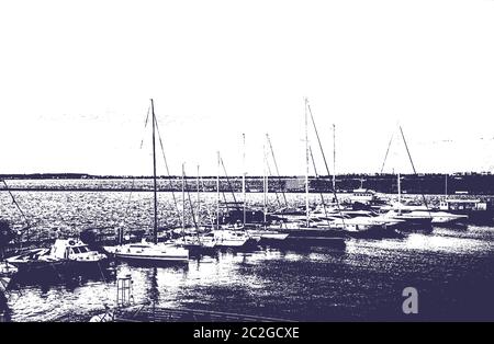 Port avec voiliers et yachts amarrés dans le port. Paysage marin. Illustration de Vecteur