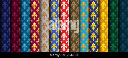 Royal Heraldic Lilies (Fleur de lis) -- papier peint coloré, tissu, motif sans couture, lot de 13 rouleaux multicolores. Banque D'Images