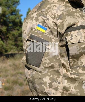 Fragment de la main d'un soldat ukrainien en uniforme de camouflage militaire avec un patch de pavillon ukrainien, Close up Banque D'Images