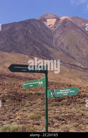 Des panneaux indiquant aux touristes les chemins de randonnée autour de la Pico del Teide sur l'île de Tenerife dans les îles Canaries. Banque D'Images
