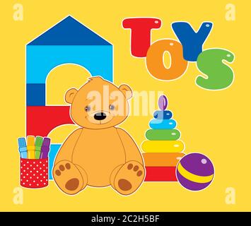 Illustration vectorielle colorée pour enfants, jouets sur fond jaune. Ours en peluche brun, balle, blocs, stylos à pointe feutre et tour de gerbage de anneaux arc-en-ciel Illustration de Vecteur