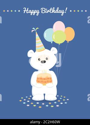 Ours en peluche blanc mignon, debout et tenant le gâteau d'anniversaire et les balons Illustration de Vecteur