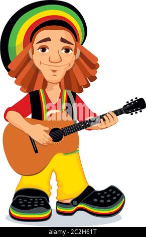 Illustration vectorielle de rastaman jouant de la guitare acoustique. Mignon dessin animé rastafarian gars avec dreadlocks portant une chemise rouge, pantalon jaune, noir ouest et Illustration de Vecteur