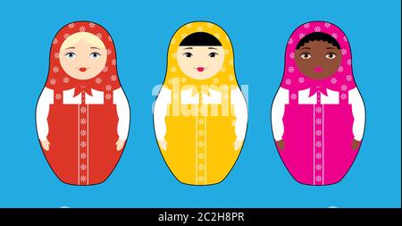 Illustration vectorielle de trois poupées russes de nidification Matryoshka de différentes races : asiatique, africaine et caucasienne. Isolé sur un fond bleu clair. Illustration de Vecteur