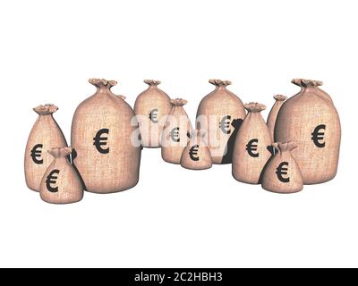 Sacs d'argent en jute dans différentes devises Banque D'Images