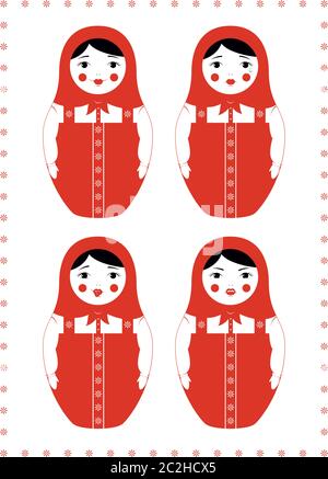 Illustration vectorielle d'une poupée de nidification russe Matryoshka.Quatre expressions du visage différentes - sourire, pleurer, mocking et colère.Motif Uni. Illustration de Vecteur