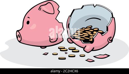 Illustration vectorielle d'une banque de piggy en céramique rose écrasée avec des pièces à l'intérieur. Dessin FreeHand converti en graphiques vectoriels. Isolé sur blanc. Illustration de Vecteur