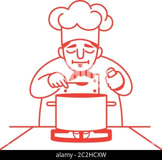 Illustration vectorielle d'un chef masculin debout au poêle à gaz avec une grande casserole dessus et dégustation de la soupe.Contour rouge.Isolé sur blanc.Carré. Illustration de Vecteur