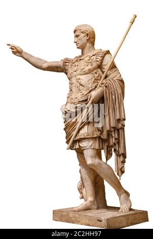 César Auguste, le premier empereur de la Rome antique. Statue monumentale en bronze au centre de Rome isolée sur fond blanc Banque D'Images