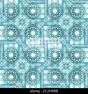 Fleurs rondes abstraites sans couture turquoise et blanc en carrés Banque D'Images