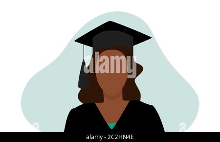 Illustration vectorielle de la femme noire dans la casquette de graduation avec pampille et robe avec chemise verte sous et un blob abstrait derrière, isolé sur blanc. Illustration de Vecteur