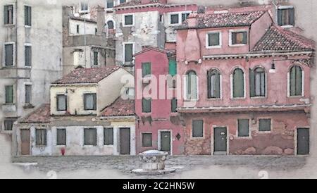 peinture aquarelle de vieilles maisons rouges et roses dans une place de venise avec des volets sur des bâtiments anciens Banque D'Images