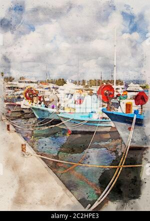 peinture aquarelle de bateaux de pêche traditionnels colorés amarrés dans le port de paphos chypre Banque D'Images