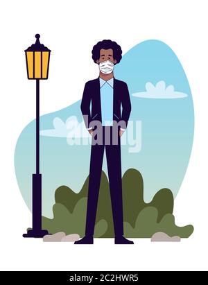 jeune homme afro portant un masque médical sur le dessin d'illustration du vecteur de parc Illustration de Vecteur
