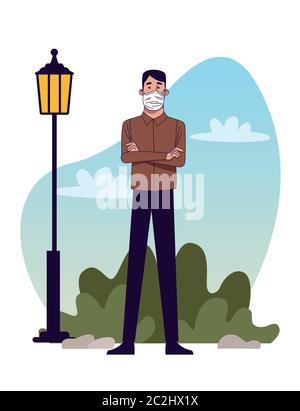 jeune homme portant un masque médical sur le dessin d'illustration du vecteur de parc Illustration de Vecteur