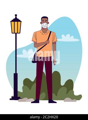 jeune homme afro portant un masque médical sur le dessin d'illustration du vecteur de parc Illustration de Vecteur