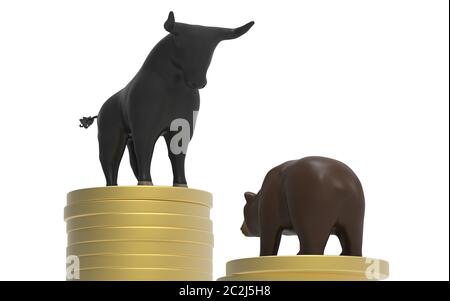 Bull contre Bear on Gold coins avant Banque D'Images