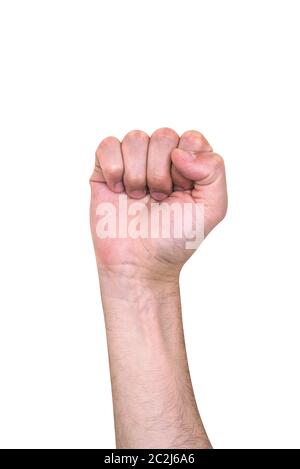 Poing fermé d'un homme isolé sur fond blanc. La main d'un homme levé. Geste humain. Le concept de protestation ou de bataille. Banque D'Images