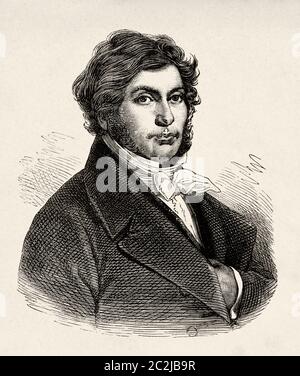 Portrait de Jean François Champollion (1790-1832), historien français, linguiste et égyptologue, 19e siècle. Fondateur de l'égyptologie scientifique. Je déchiffrais les inscriptions sur la Pierre de Rosetta, la clé pour comprendre les hiéroglyphes de l'Égypte ancienne. Illustration gravée du XIXe siècle, El Mundo Ilustrado 1880 Banque D'Images