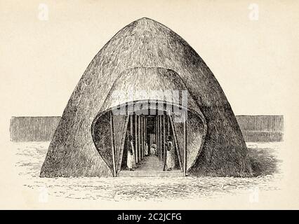 Salle d'audience du palais du roi Muteesa I de Buganda, Afrique centrale. Voyage à l'Afrique inexplorée, le continent mystérieux par Henry Morton Stanley. Illustration gravée du XIXe siècle, El Mundo Ilustrado 1880 Banque D'Images