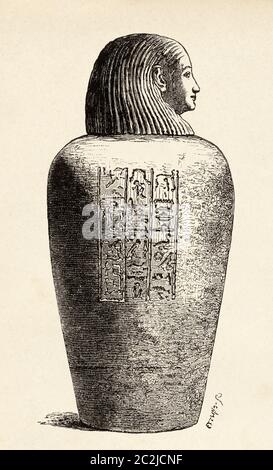 Pot canopé, contenant où les viscères du défunt ont été déposées, Égypte ancienne. Illustration gravée du XIXe siècle, El Mundo Ilustrado 1880 Banque D'Images