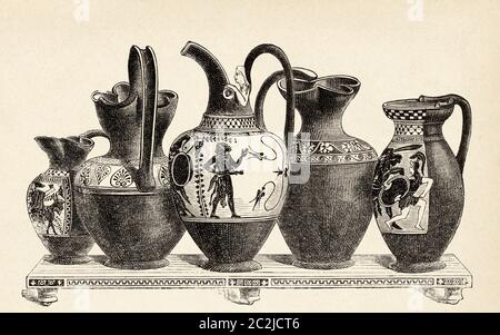 Bol en terre cuite pour le mélange du vin et de l'eau dans la Grèce antique. Illustration gravée du XIXe siècle, El Mundo Ilustrado 1880 Banque D'Images