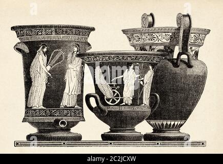 Bol en terre cuite pour le mélange du vin et de l'eau dans la Grèce antique. Illustration gravée du XIXe siècle, El Mundo Ilustrado 1880 Banque D'Images