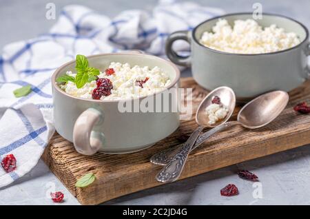 Fromage cottage avec canneberges séchées dans un bol en céramique. Banque D'Images