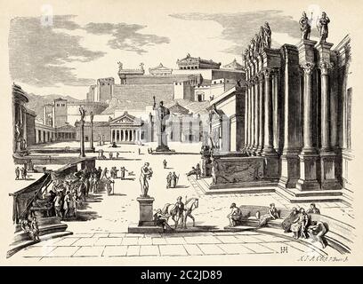 Vue artistique sur la place du marché dans l'ancien Sparte. Grèce antique. Illustration gravée du XIXe siècle, El Mundo Ilustrado 1880 Banque D'Images