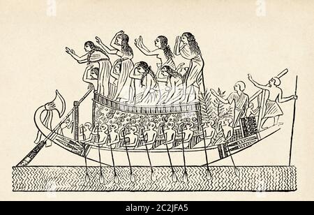 Bateau avec des mouneurs et provisions, tombe de Neferhotep à Thèbes. Nouveau Royaume, Égypte ancienne. Illustration gravée du XIXe siècle, El Mundo Ilustrado 1880 Banque D'Images