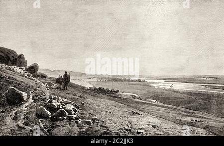 Beni Hassan, ville du Moyen-Égypte, située sur la rive est du Nil. Pendant le Royaume du milieu, il était le centre du culte de la déesse Pajet, Égypte ancienne. Illustration gravée du XIXe siècle, El Mundo Ilustrado 1880 Banque D'Images