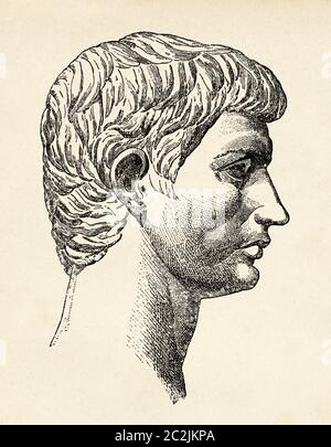 Portrait de Marcus Junius Brutus (85-42 av. J.-C.), politicien romain, Rome antique. Illustration gravée du XIXe siècle, El Mundo Ilustrado 1880 Banque D'Images