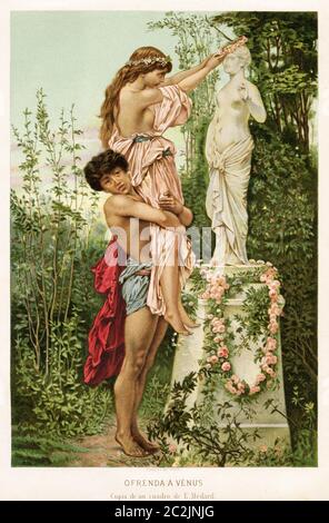 Offrande à Vénus, déesse de l'amour, fertilité et protectrice des mariages. Gravure colorée par E. Medard. Illustration gravée du XIXe siècle, El Mundo Ilustrado 1880 Banque D'Images