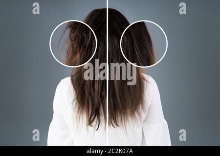 Les cheveux de la femme avant et après lissage des cheveux sur fond gris Banque D'Images