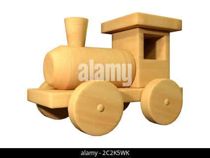 Le rendu 3D d'un petit train en bois isolé sur fond blanc Banque D'Images
