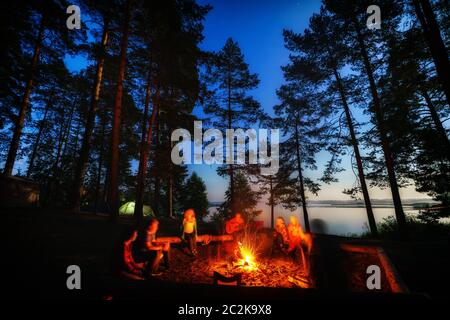 Amis en forêt près de feu de camp avec guitare. Groupe de personnes sous ciel nocturne avec des étoiles profiter de vacances à l'endroit de camping. Banque D'Images