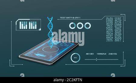 tablet pc avec hologramme d'une hélice d'adn et une interface logicielle futuriste, concept de science, biologie et technologie (rendu 3d) Banque D'Images