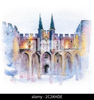 Aquarelle de la célèbre cité médiévale Palais des Papes à Avignon, dans le sud de la France Banque D'Images