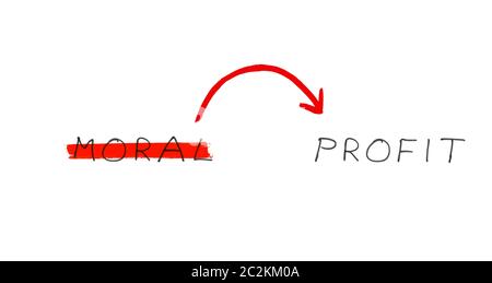 Moral et profit - texte manuscrit avec flèche sur fond blanc Banque D'Images