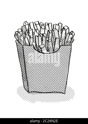 Retro cartoon style dessin d'un paquet de frites, petit isolé sur fond blanc en noir et blanc Banque D'Images