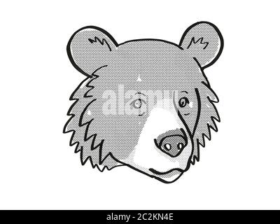 Retro cartoon style ligne mono dessin de tête d'un ours noir d'Asie ou d'Ursus tibetanus, une espèce d'espèces isolées sur fond blanc Banque D'Images