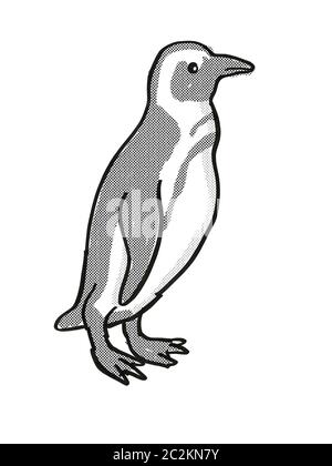 Retro cartoon style ligne mono dessin d'un manchot Spheniscus demersus, ou une espèce en voie d'espèces isolées sur fond blanc fait i Banque D'Images