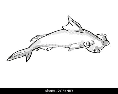 Retro cartoon style ligne mono d'un dessin ou halicorne Sphyrna lewini, une espèce de requin marteau, une espèce d'espèces sauvages sur est Banque D'Images