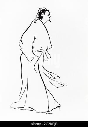 Ancien expert chinois dans la main style sumi-e par l'encre noire sur du papier blanc Banque D'Images