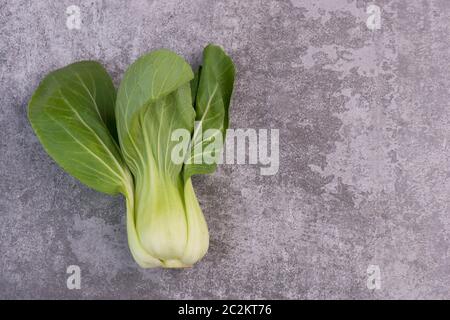 Pak choi sur un fond texturé gris vide, copy space Banque D'Images