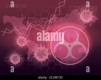 covid19 particules et cartes de la terre avec le concept de vecteur de lumières futuristes de danger biologique Illustration de Vecteur