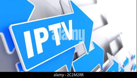 IPTV. Concept d'information. Flèche bleue avec texte « IPTV » sur fond gris. Rendu 3D. Banque D'Images