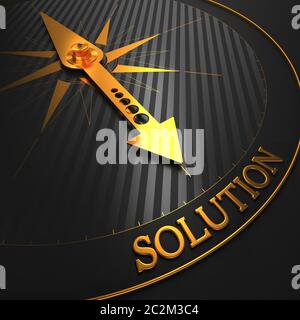 Solution - contexte commercial. Aiguille de compas dorée sur un champ noir pointant vers le mot « solution ». Rendu 3D. Banque D'Images