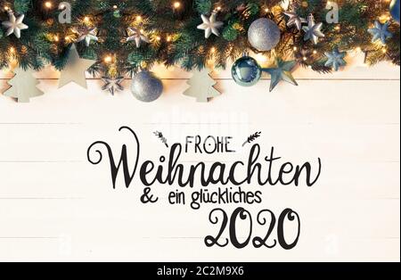 Calligraphie allemand Frohe Weihanchten Glueckliches 2020 und ein signifie joyeux Noël et une Bonne 2020. Bannière de Noël rétro avec Noël Turquoise Banque D'Images
