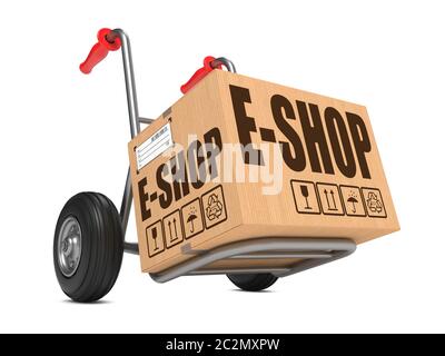 Boîte en carton avec E-Shop Slogan sur fond blanc Camion de main. Banque D'Images